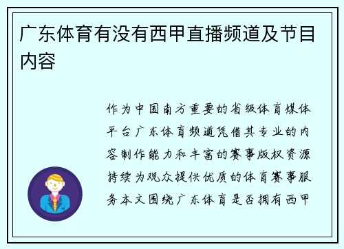 广东体育有没有西甲直播频道及节目内容