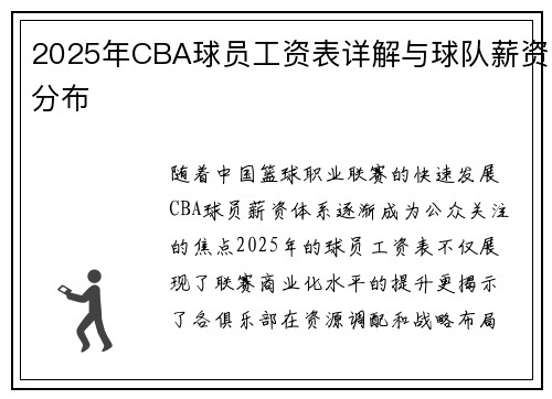 2025年CBA球员工资表详解与球队薪资分布